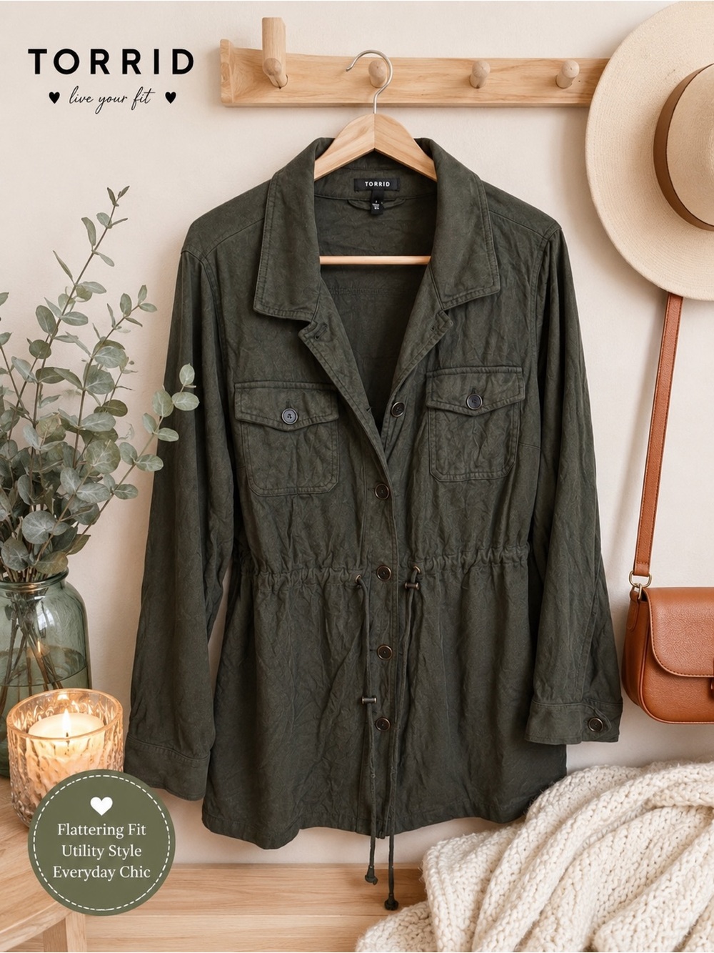 torrid Olive Green Drawstring Utility Jacket